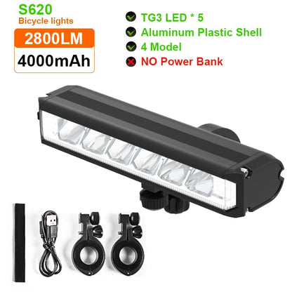 Luz delantera recargable para bicicleta 5200LM con batería externa