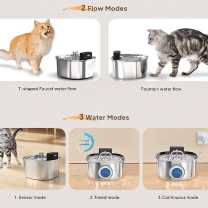 Voford 3.2L Stainless Steel Cat Water Fountain With 4000mAH Battery 3 Modes Dual Outlet Wireless Automatic Pet Drinking Fountain