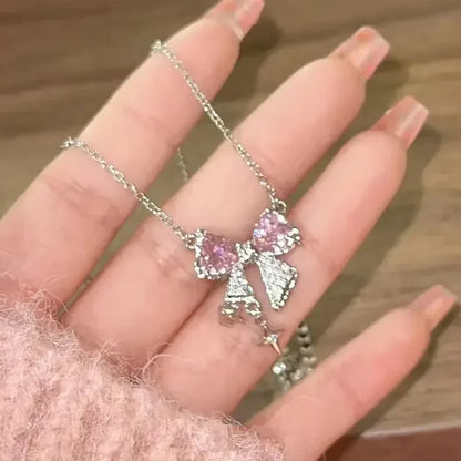 Collar Y2K con lazo rosa, corazón y cristales