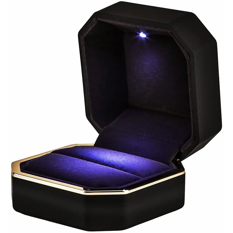 Caja de joyería con luz LED para anillos, collares y regalos