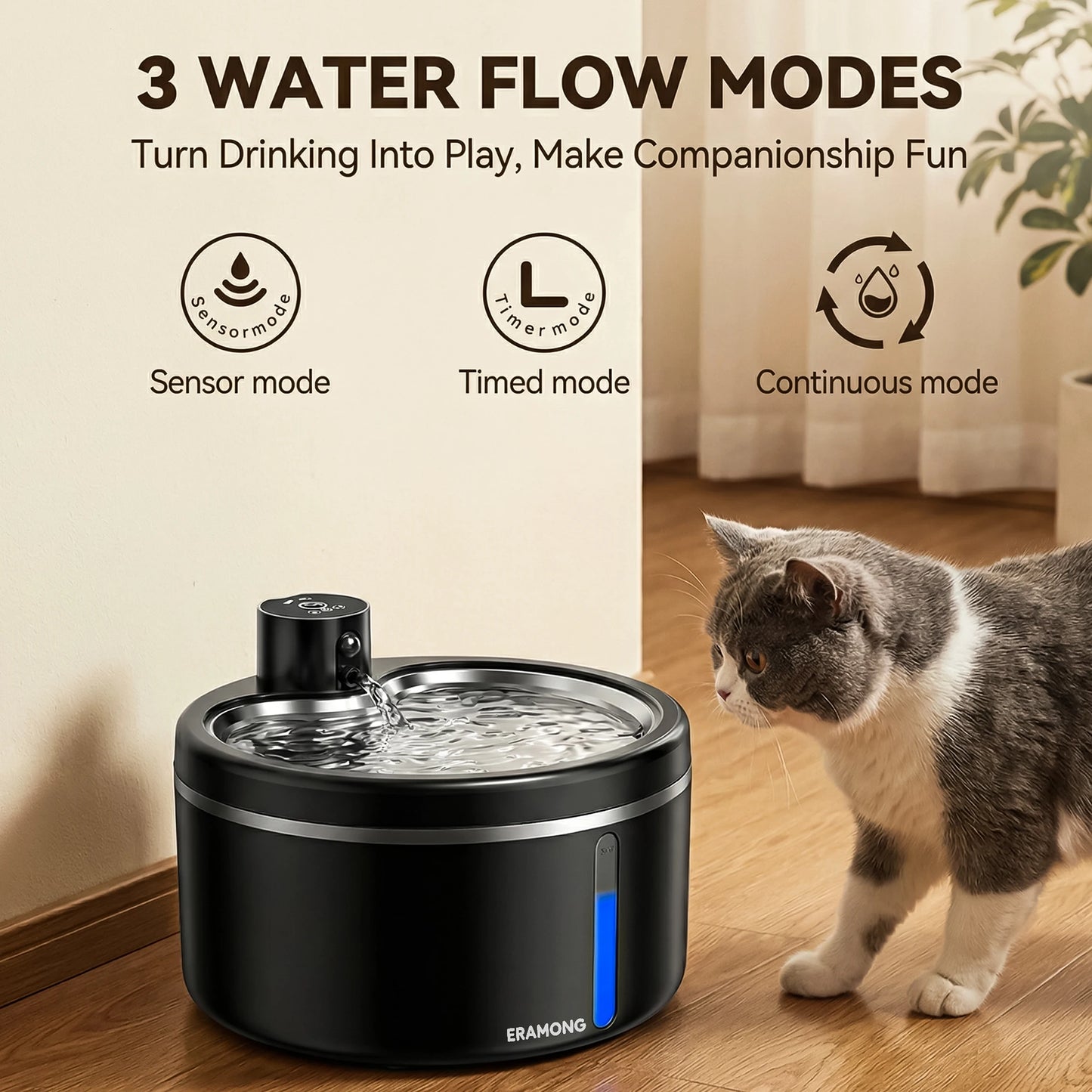 Fuente de agua inalámbrica para gatos de acero inoxidable – 2,5 L con sensor de movimiento y 2 filtros