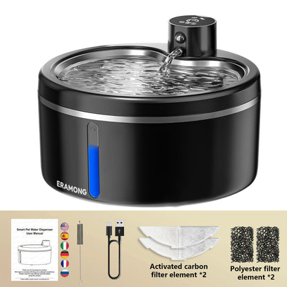 Fuente de agua inalámbrica para gatos de acero inoxidable – 2,5 L con sensor de movimiento y 2 filtros