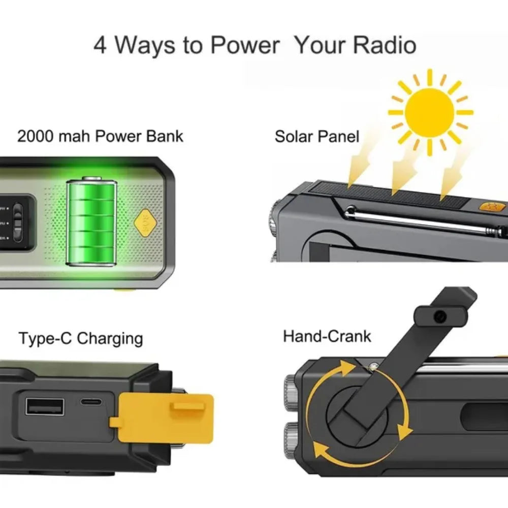 Radio de emergencia multifunción con manivela, solar y linterna LED