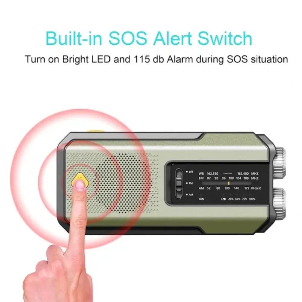 Radio de emergencia multifunción con manivela, solar y linterna LED