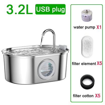 Fuente de agua para gatos de acero inoxidable – 3,2 L con bomba ultrasilenciosa