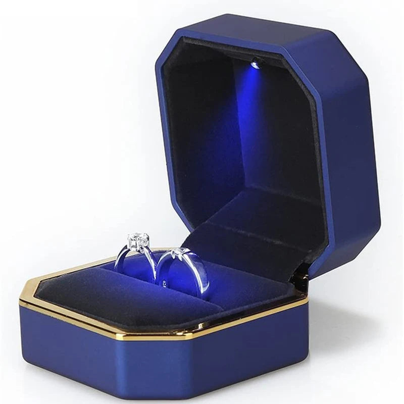Caja de joyería con luz LED para anillos, collares y regalos