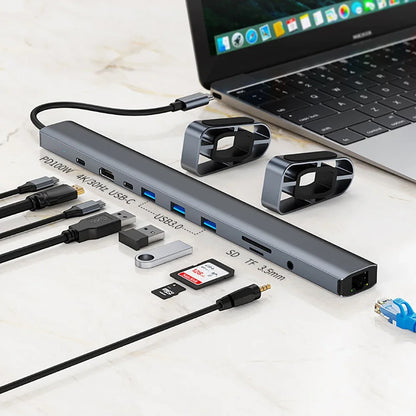 Hub USB-C 10 en 1 de aluminio con HDMI 4K y carga PD 100W