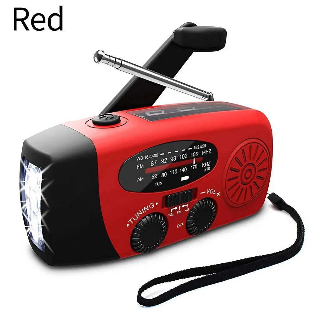 Radio de emergencia multifunción con manivela, solar y linterna LED