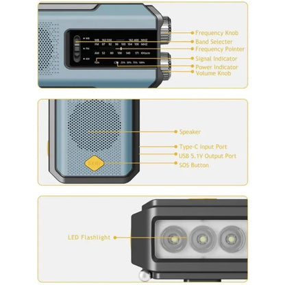 Radio de emergencia multifunción con manivela, solar y linterna LED