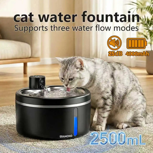 Fuente de agua inalámbrica para gatos de acero inoxidable – 2,5 L con sensor de movimiento y 2 filtros