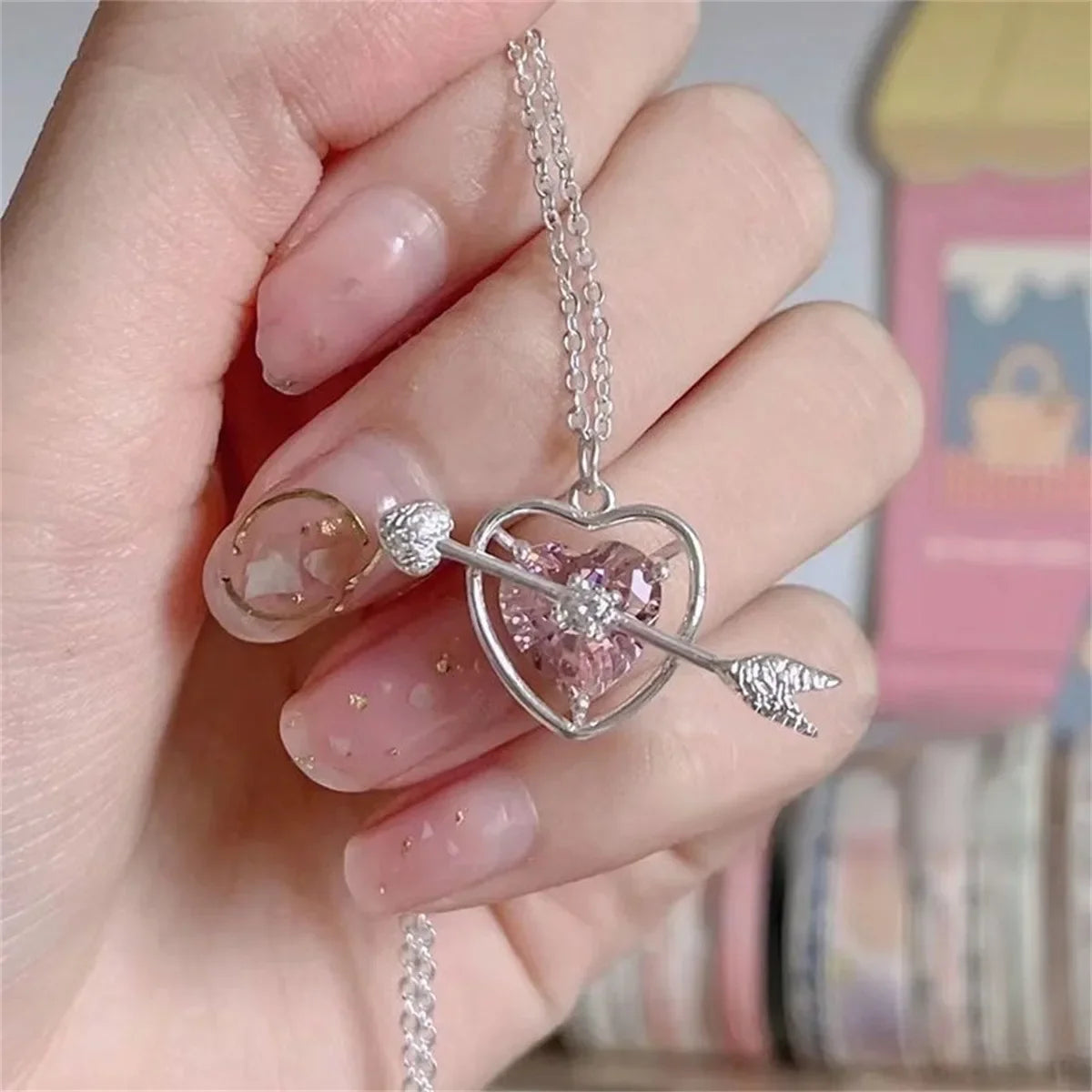 Collar Y2K con lazo rosa, corazón y cristales