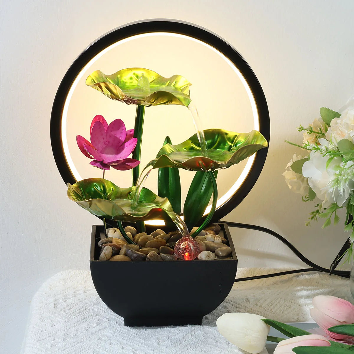 Fuente decorativa de sobremesa con cascada, piedras y luz LED