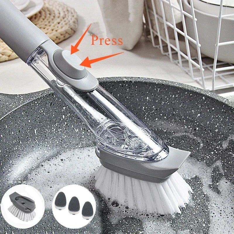 Cepillo de cocina 2 en 1 con dispensador y esponja desmontable