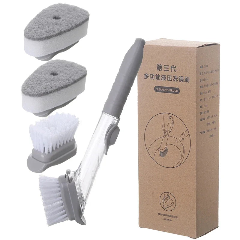Cepillo de cocina 2 en 1 con dispensador y esponja desmontable