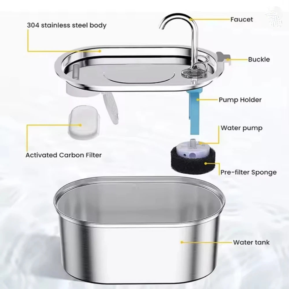 Fuente de agua para gatos de acero inoxidable – 3,2 L con bomba ultrasilenciosa